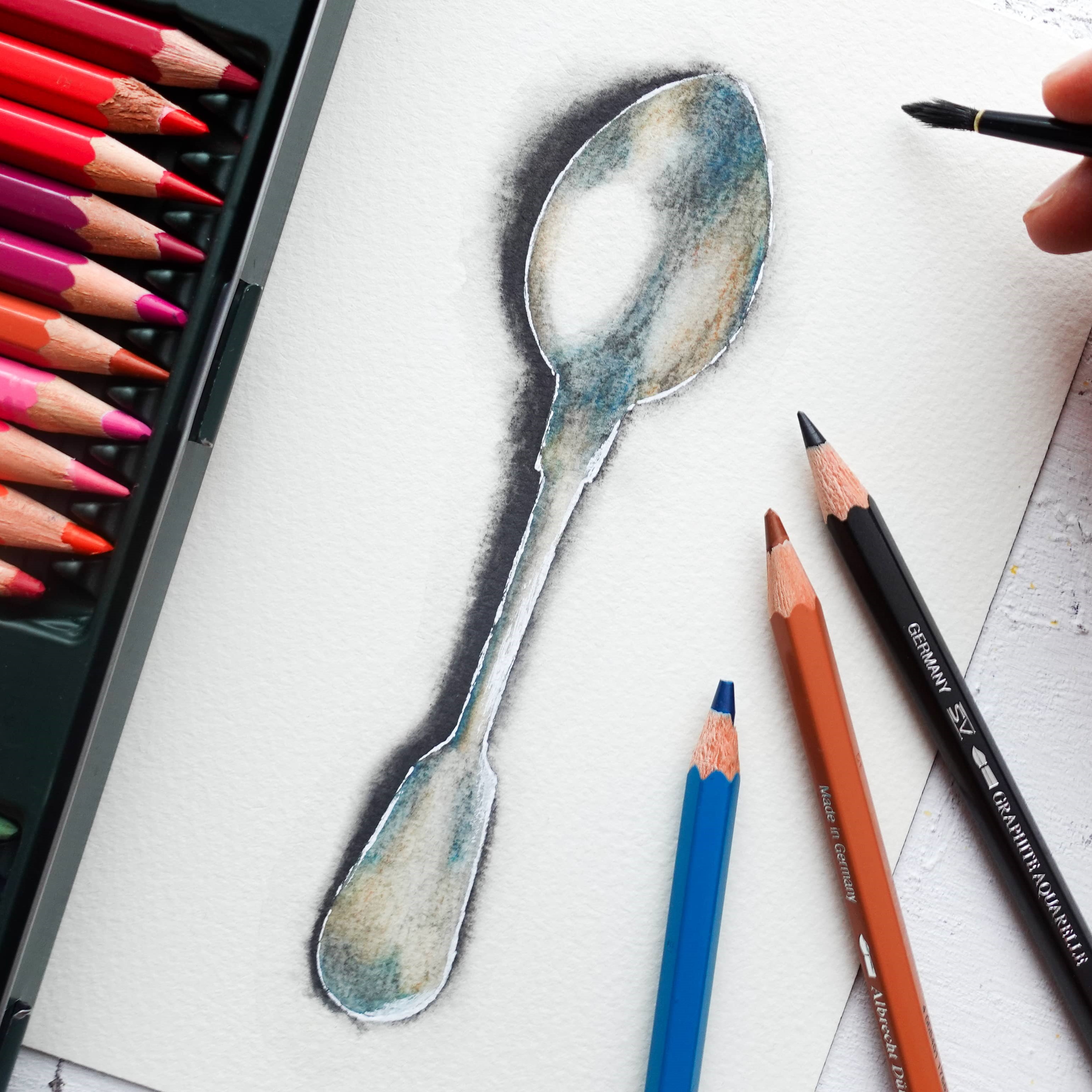 Watercolor pencil spoon realistic